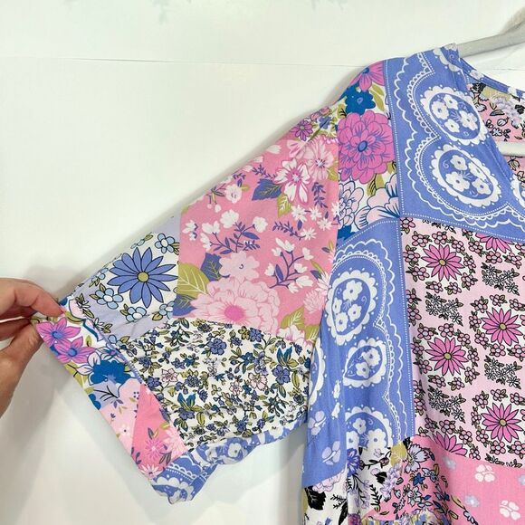 Rusttydustty Dress 3XL Purple V-Neck Short Sleeve Tiered Floral Mini Patchwork - Picture 6 of 15